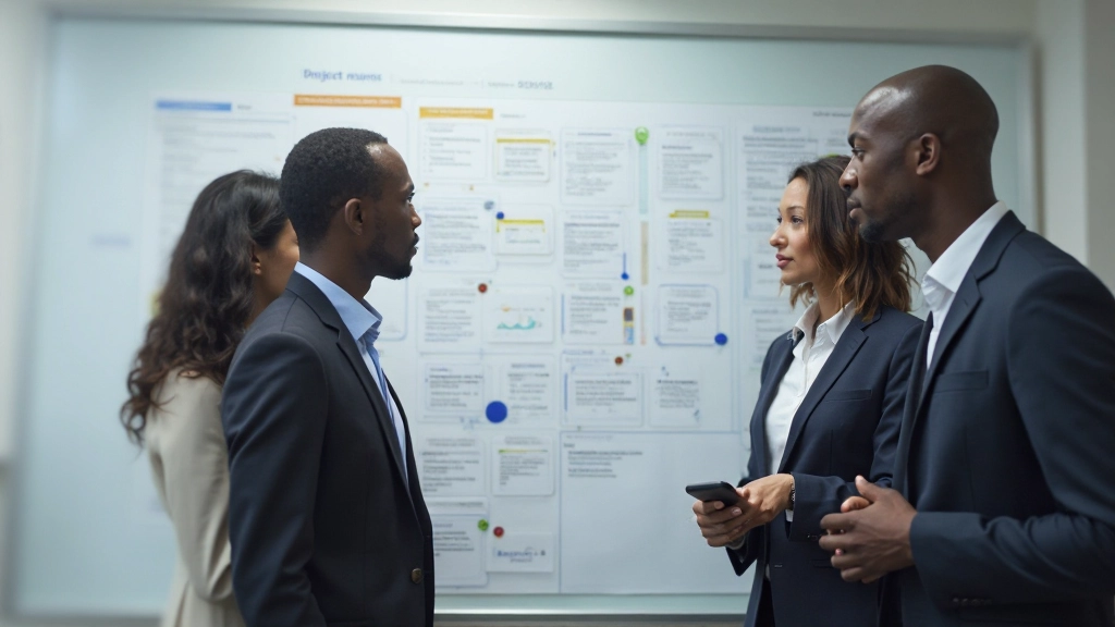 Diverse team members with different professional backgrounds reviewing strategic project roadmap