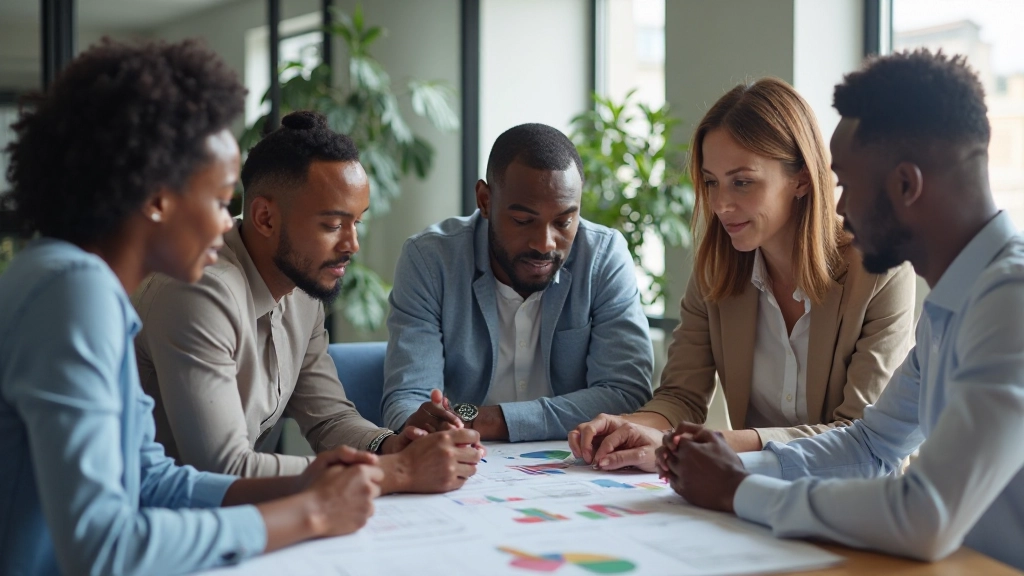 Team members collaborating on budget planning using project management software and financial reports