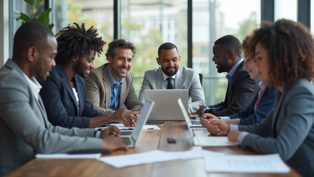Team collaboration session with risk management framework documentation and metrics displayed on screens