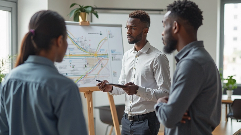 Team collaborating on project scope definition workshop using visual planning tools