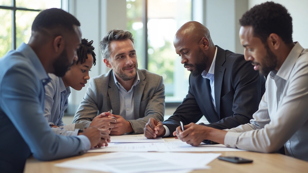 Professional team collaborating around conference table in modern office environment