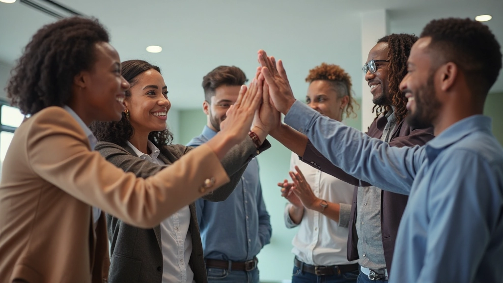 Team celebrating successful project milestone with collaborative energy and positive engagement