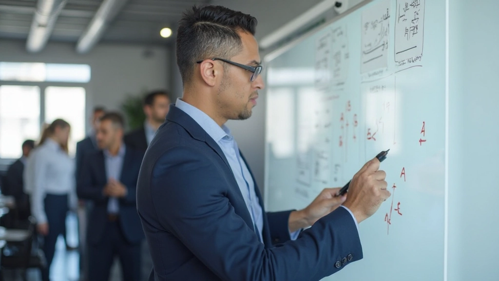 Professional project manager analyzing risk assessment matrix with team in modern office environment