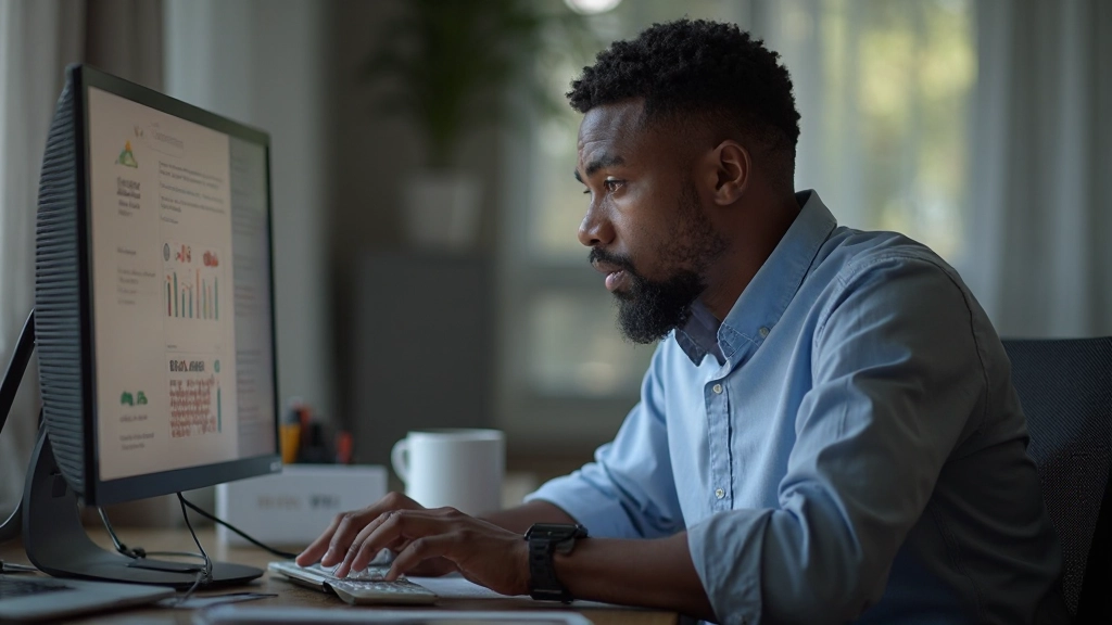 Professional taking certification exam at computer workstation in controlled testing environment