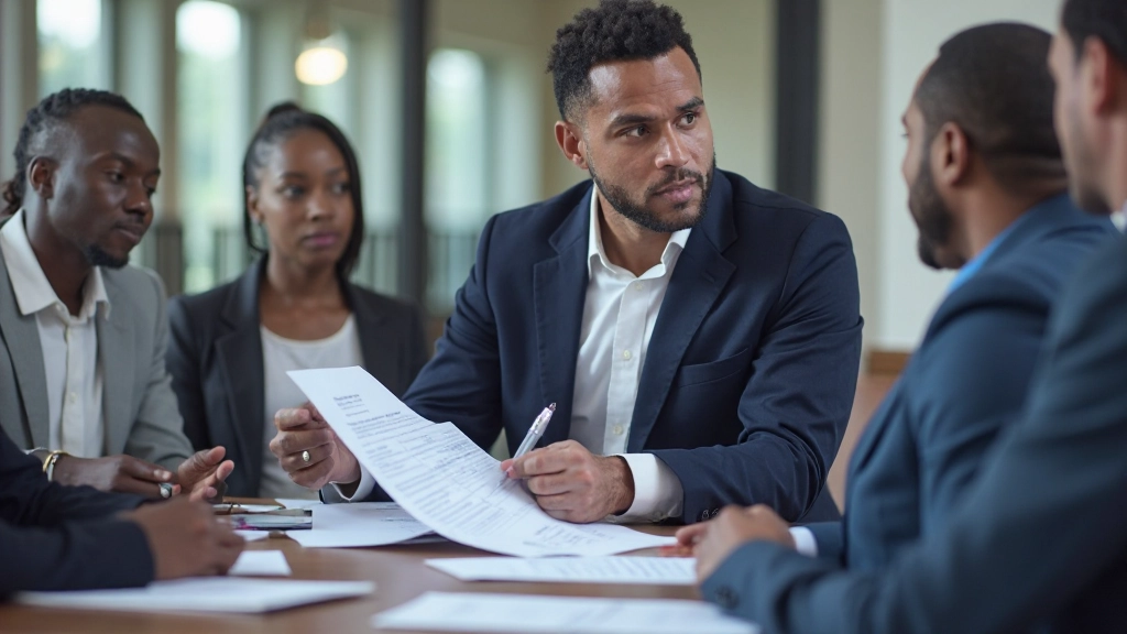 Project manager reviewing scope documentation with team in modern conference room