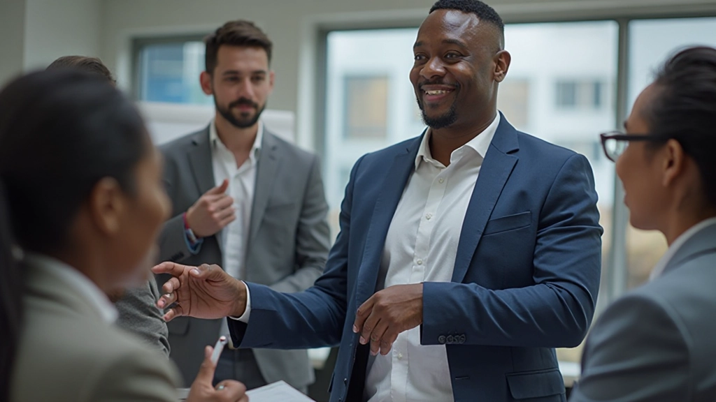 Project manager leading team discussion with flipchart and strategic planning materials